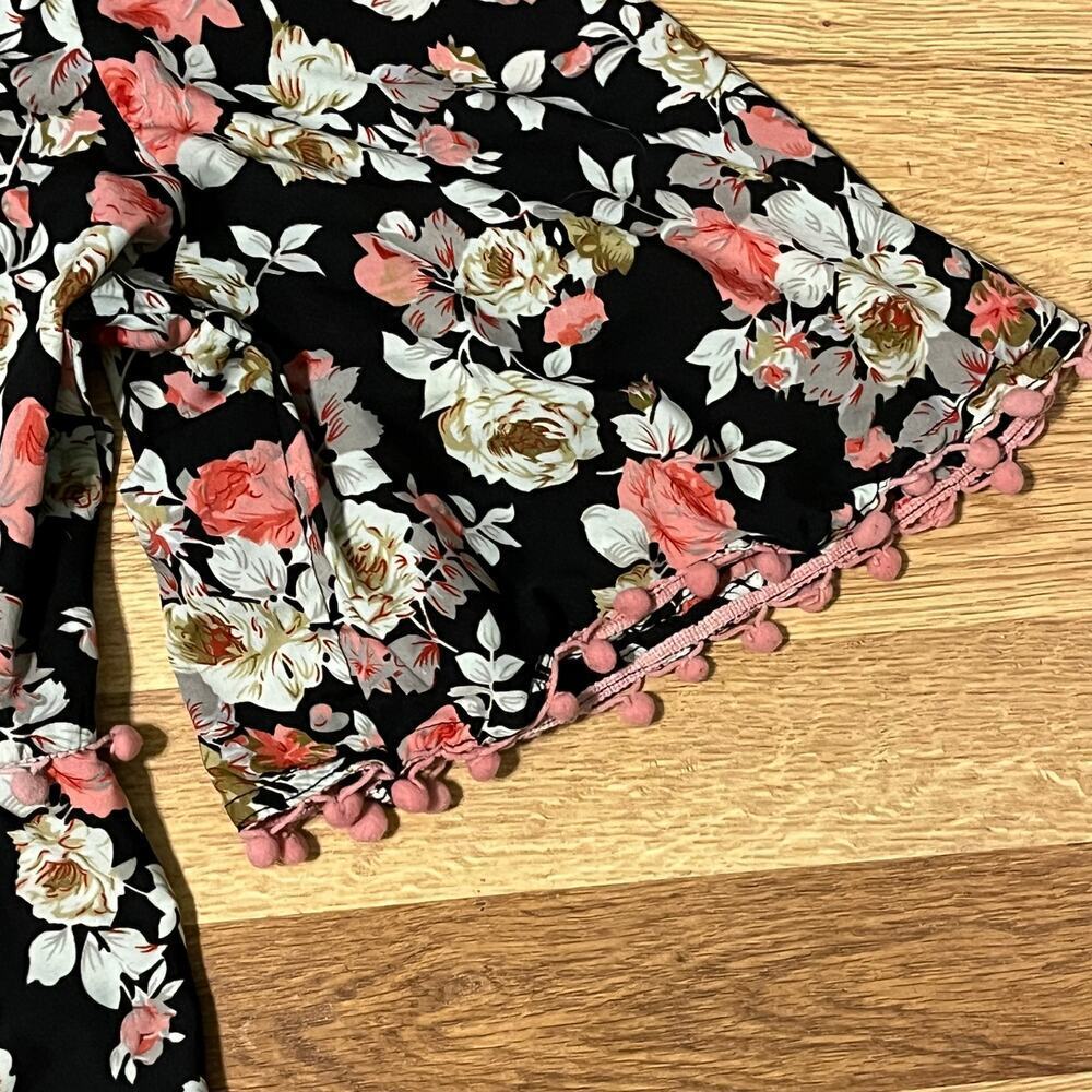 Floral Cold Shoulder Pom Trim Maxi Dress Boho Cottagecore Size Large Beachy - Picture 6 of 6